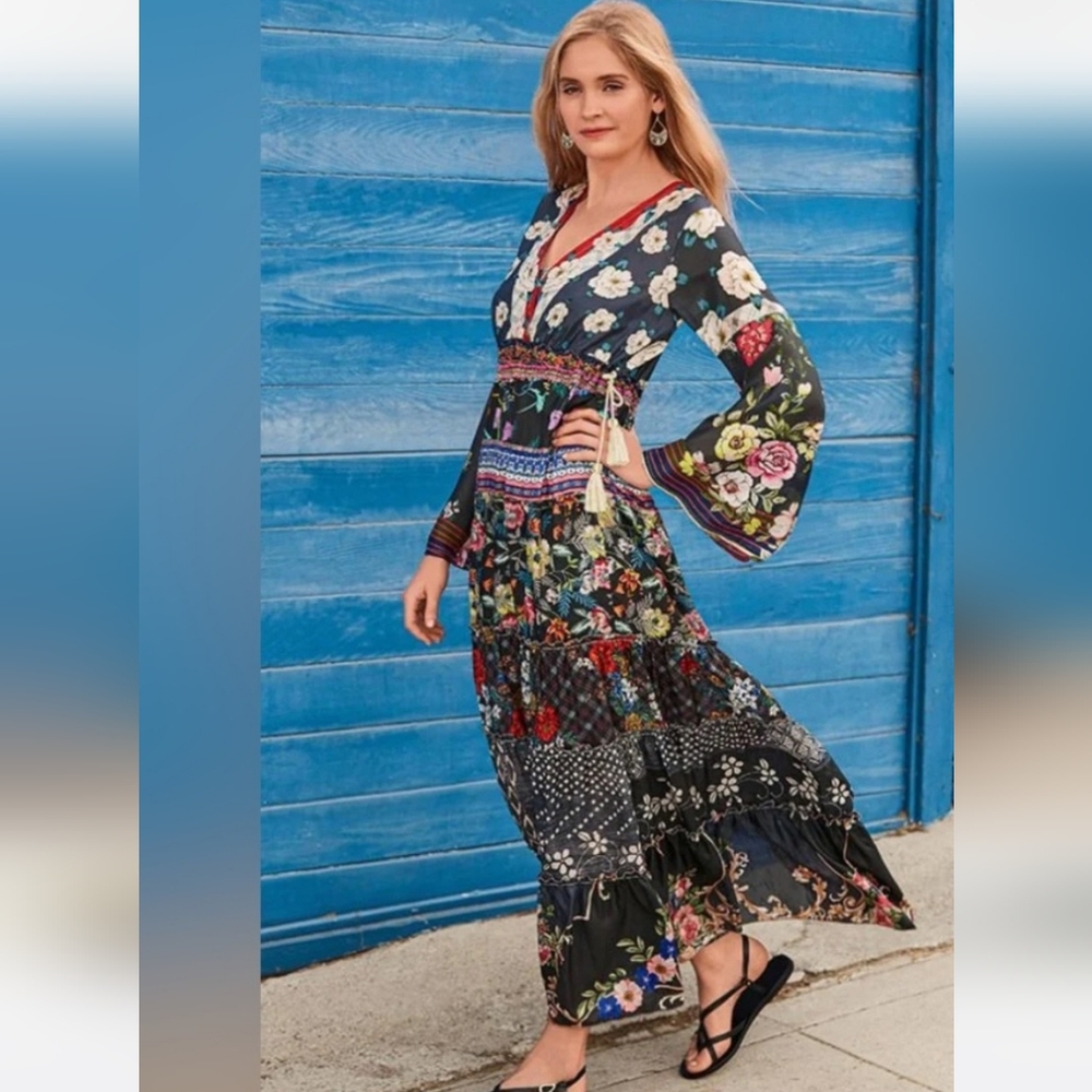 Johnny Was Dunas Silk Multicolor Floral Long Sleeve Maxi Dress - MD! - Picture 2 of 9